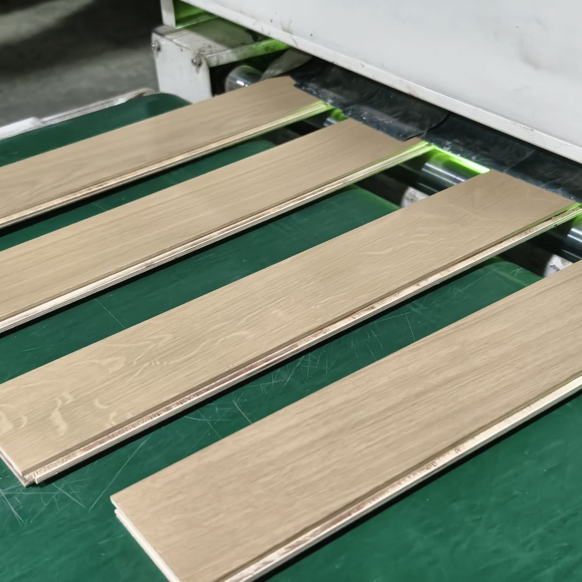 Boards moving through the UV coating line