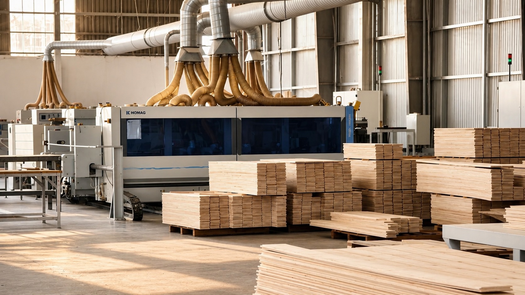 Oak boards stacked at the sanding line inside the Vu Uy factory